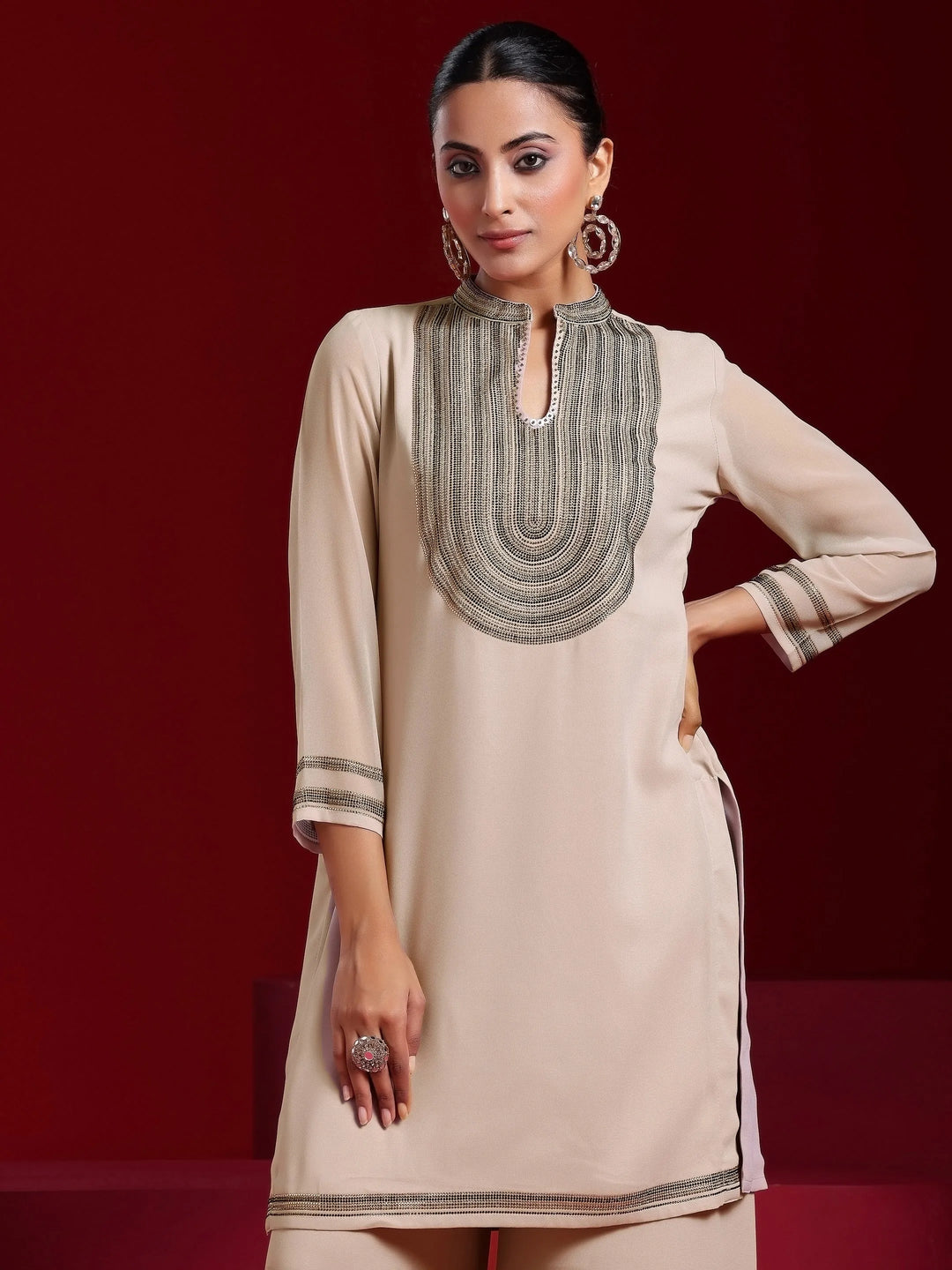  Libas Art Beige Yoke Design Georgette Straight Suit With Dupatta 