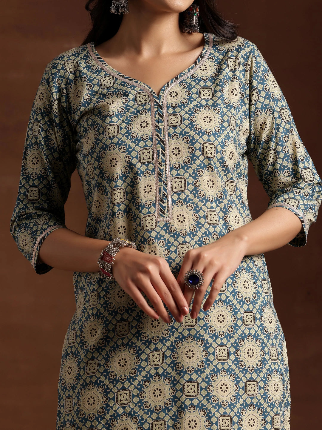  Blue Printed Cotton Straight Suit With Dupatta 