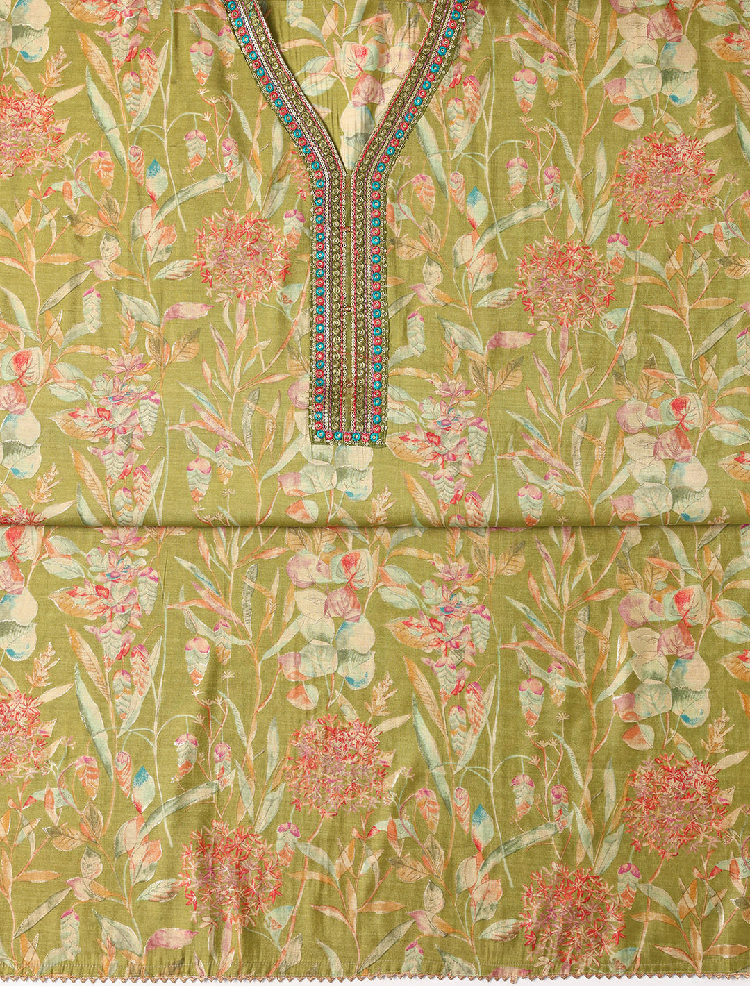  Green Printed Silk blend Dress Material With Dupatta 