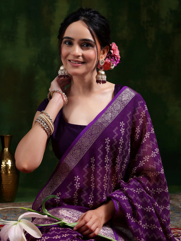 Wine Printed Silk Blend Saree With Unstitched Blouse Piece - Libas