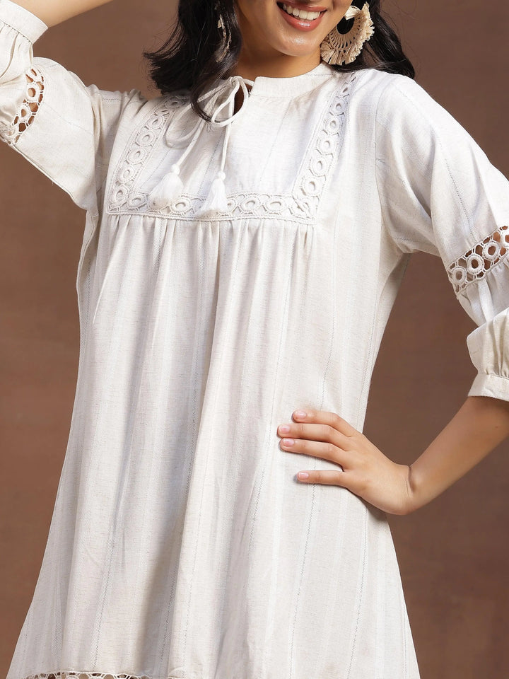 Off White Self Design Cotton A-Line Dress - Libas