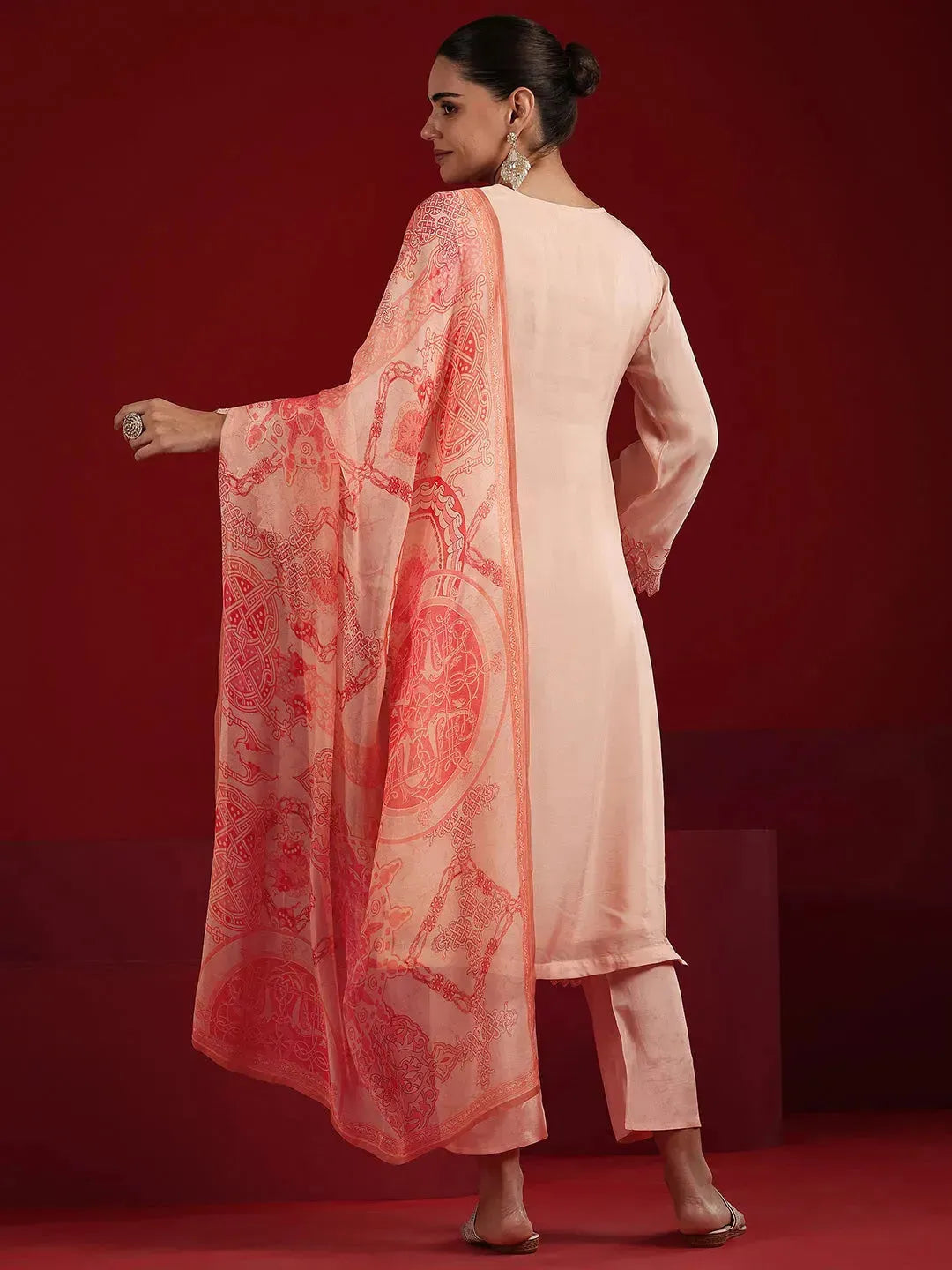  Libas Art Peach Embroidered Organza Straight Suit Set With Dupatta 