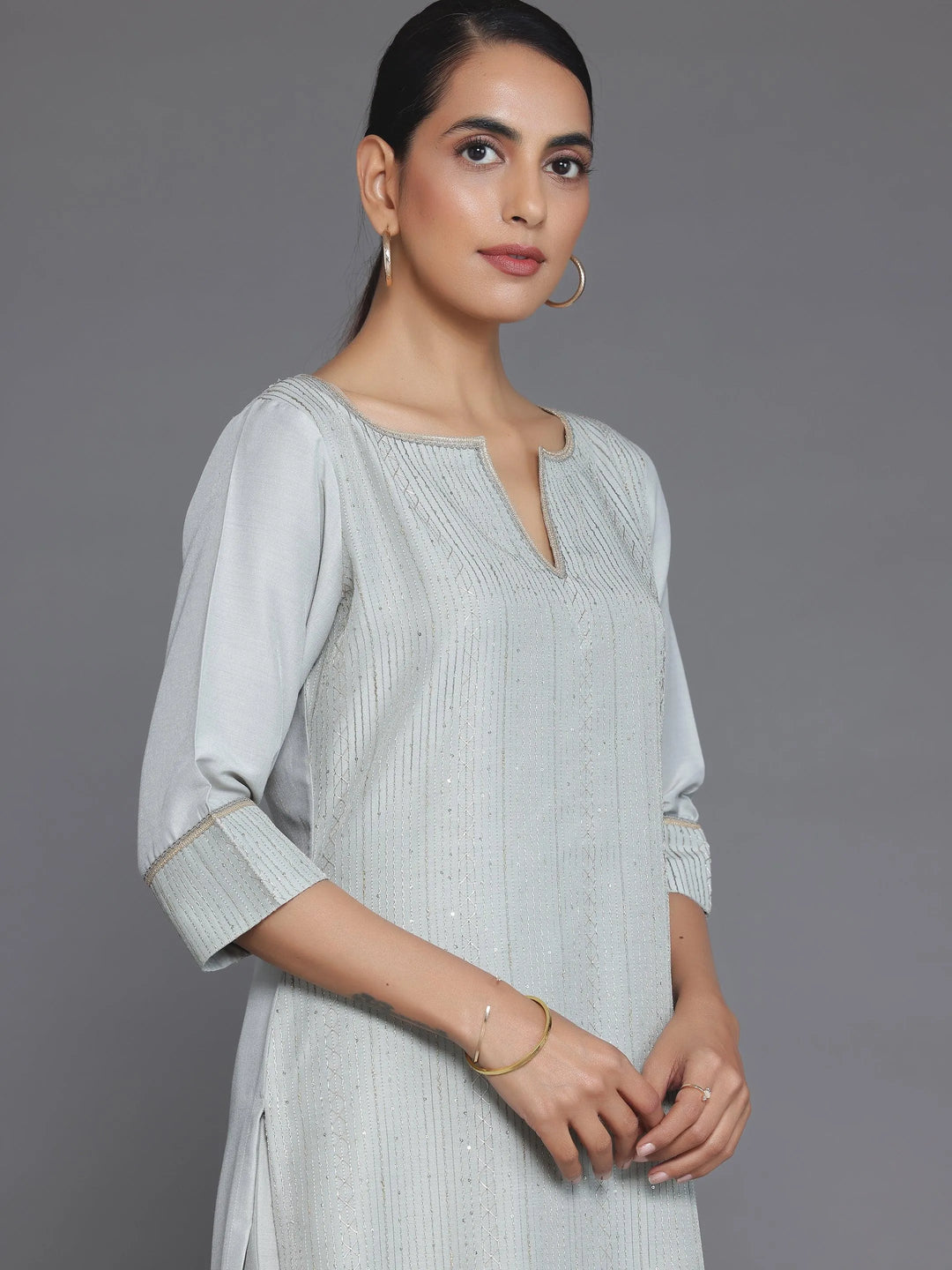Grey Self Design Silk Blend Straight Suit With Dupatta - Libas 