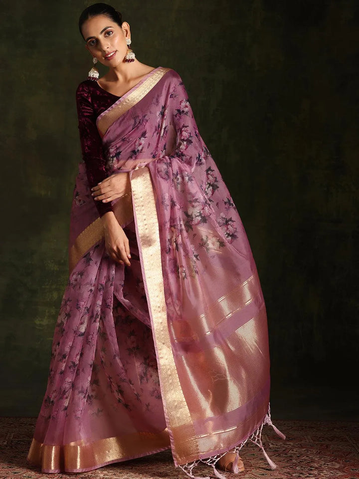 Purple Printed Organza Saree With Unstitched Blouse Piece - Libas