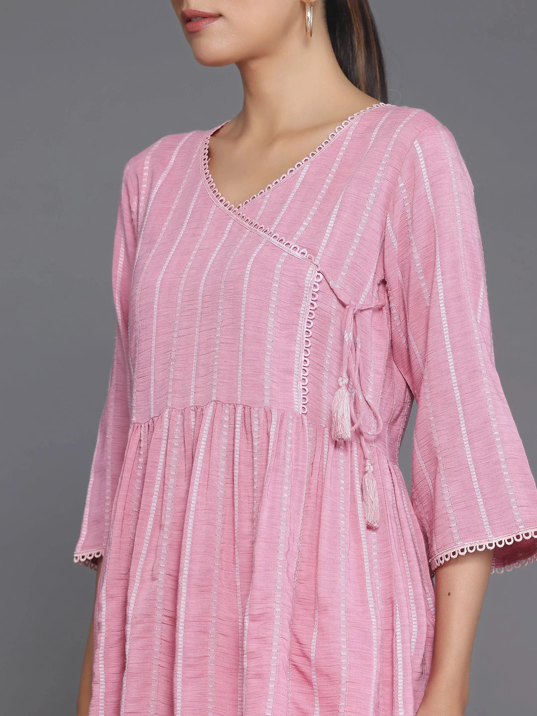  Pink Woven Design Cotton Blend A-Line Kurti 
