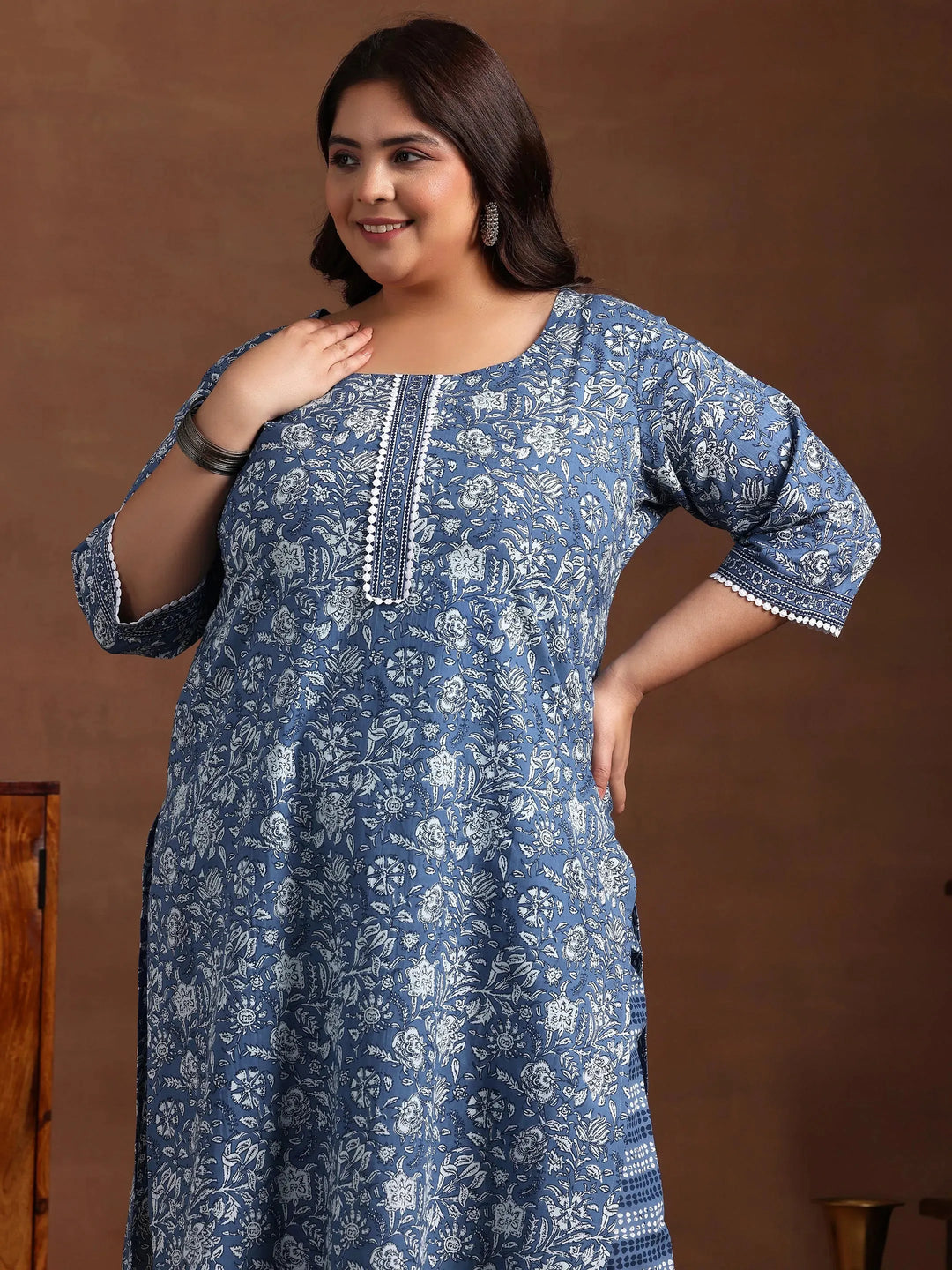  Plus Size Blue Printed Cotton Straight Suit With Dupatta 