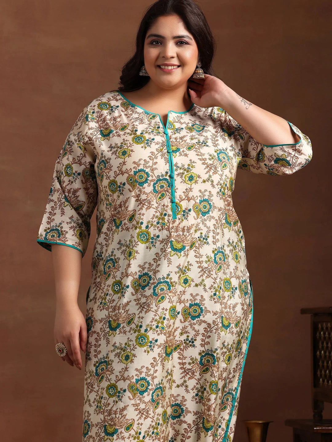  Plus Size Blue Printed Silk Blend Straight Suit With Dupatta 