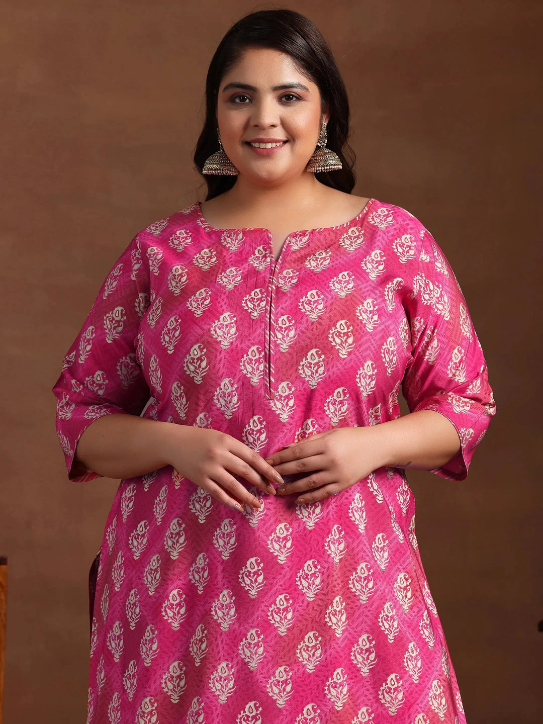  Plus Size Pink Printed Silk Blend Straight Suit With Dupatta 