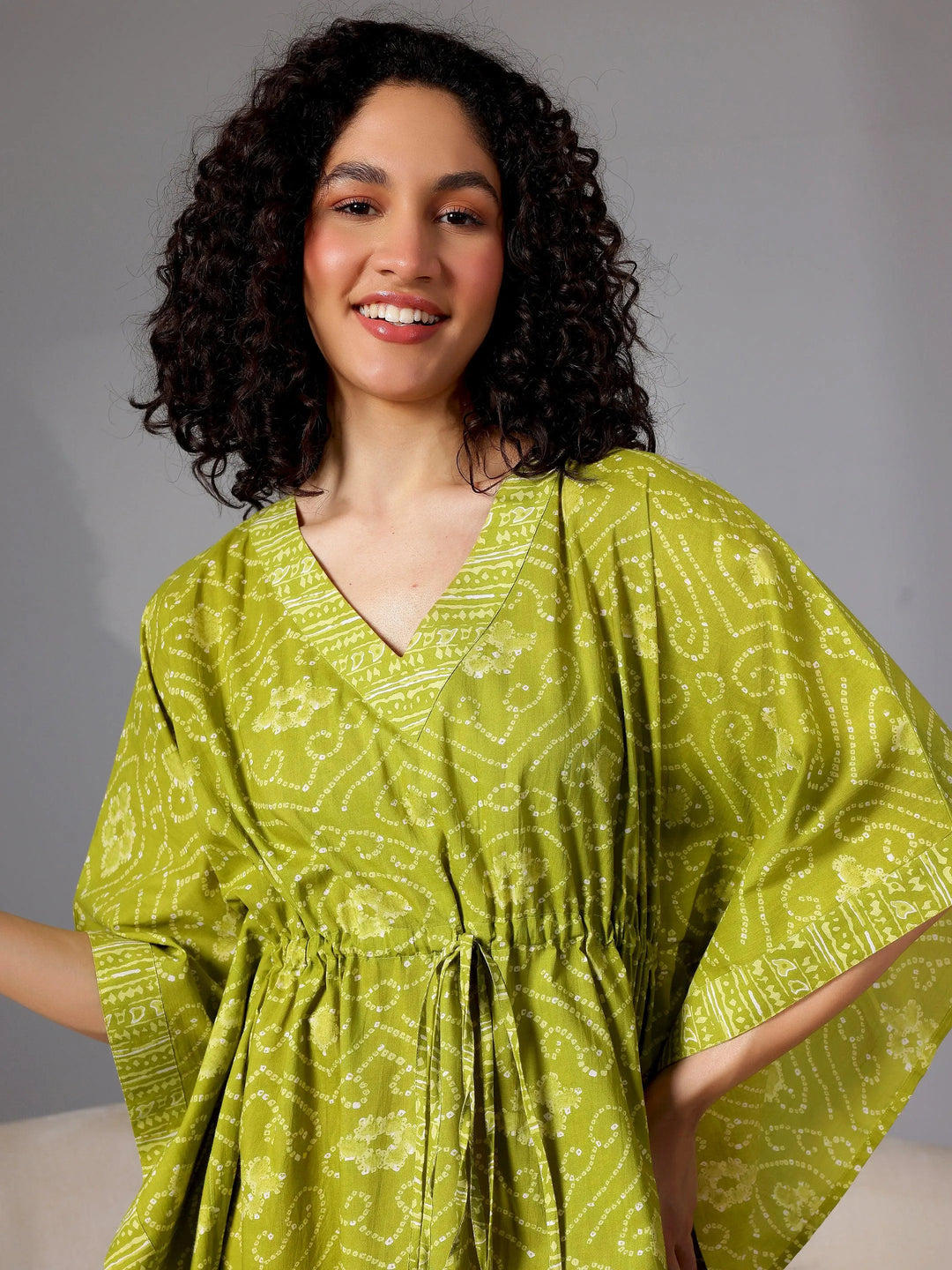 Green Printed Cotton Kaftan Night Dress - Libas 