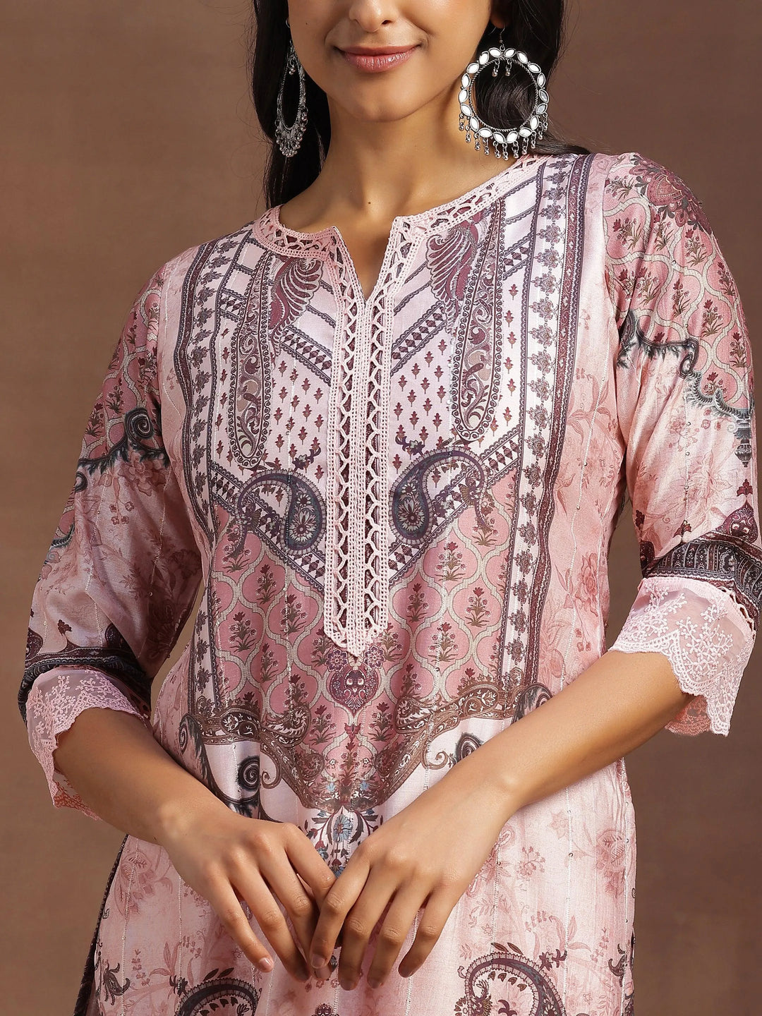 Pink Printed Silk Blend Straight Suit With Dupatta - Libas 
