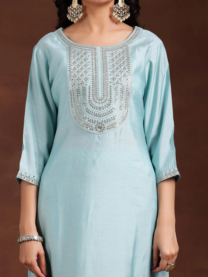 Blue Yoke Design Silk Blend Straight Suit With Dupatta - Libas