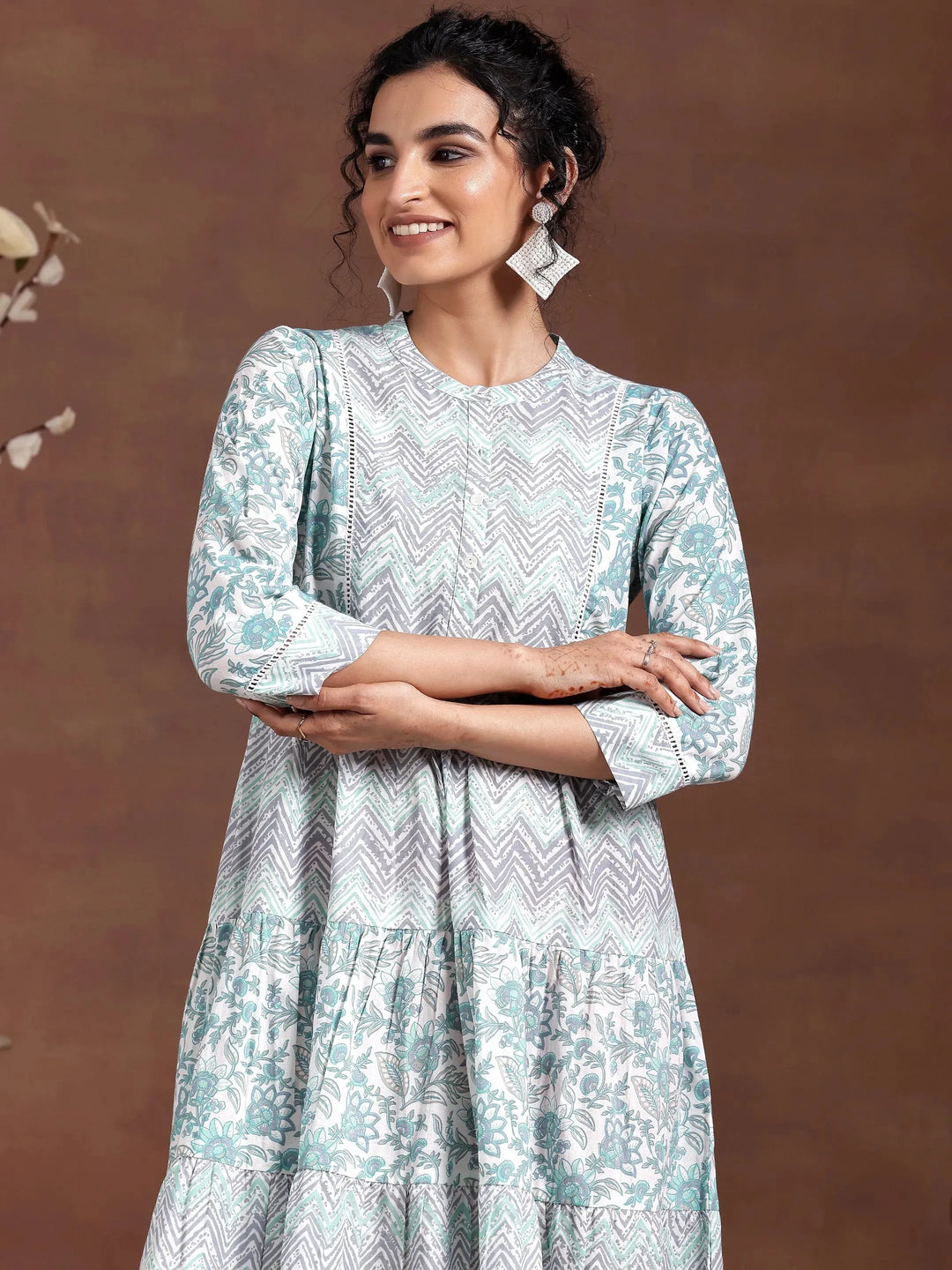  Off White Printed Cotton A-Line Dress 