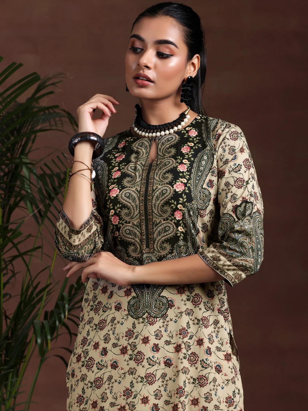 Beige Printed Poly Crepe Straight Suit With Dupatta 