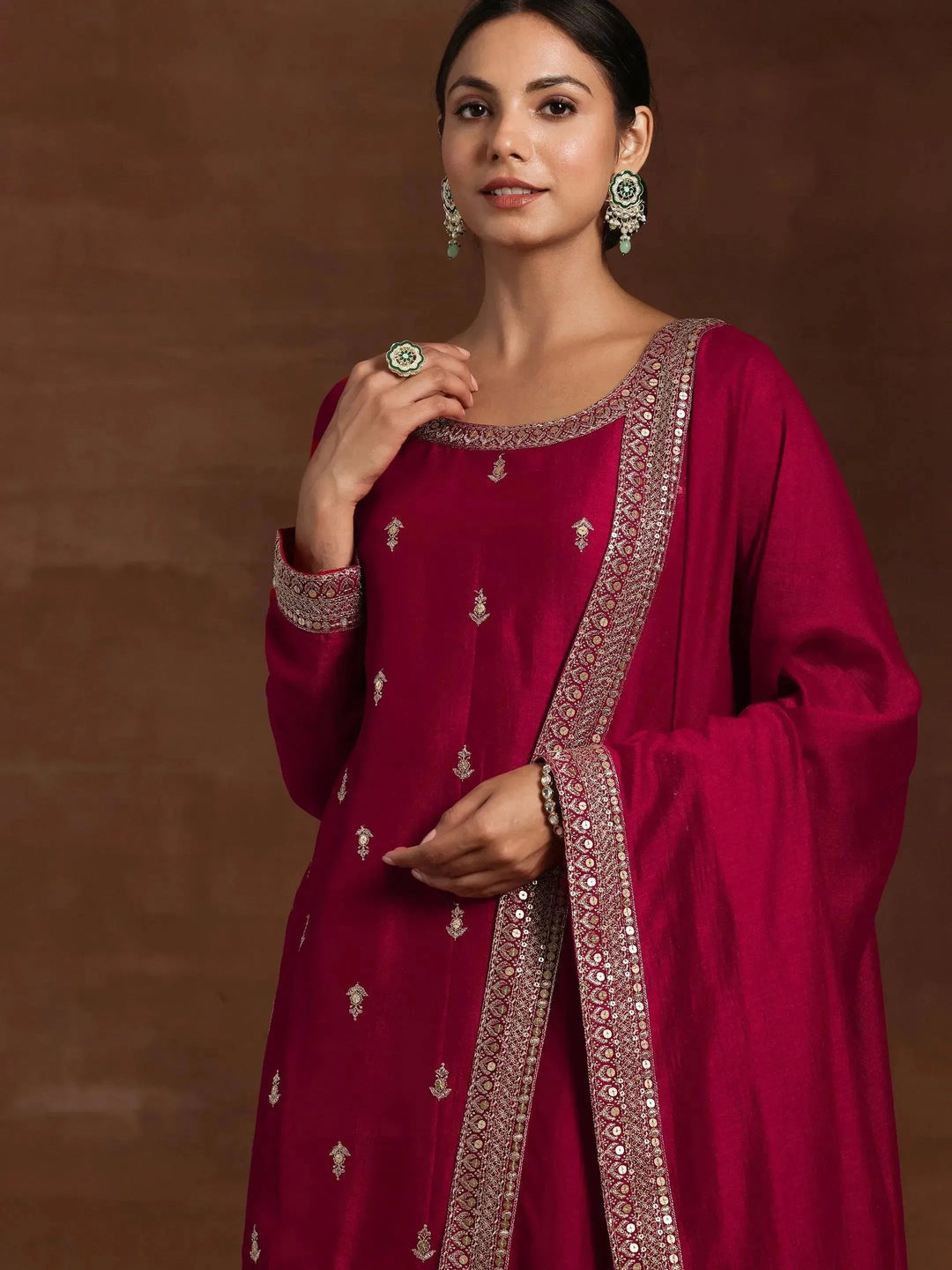 Pink Embroidered Silk Blend Straight Suit With Dupatta - Libas 