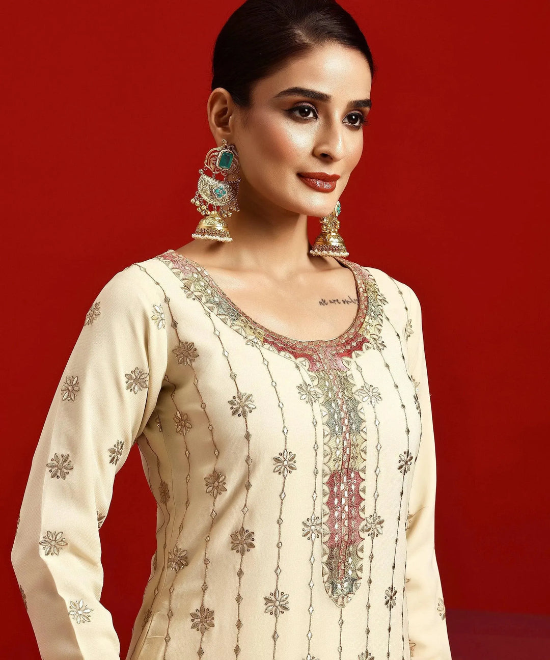  Libas Art Beige Embroidered Georgette Straight Suit With Dupatta 