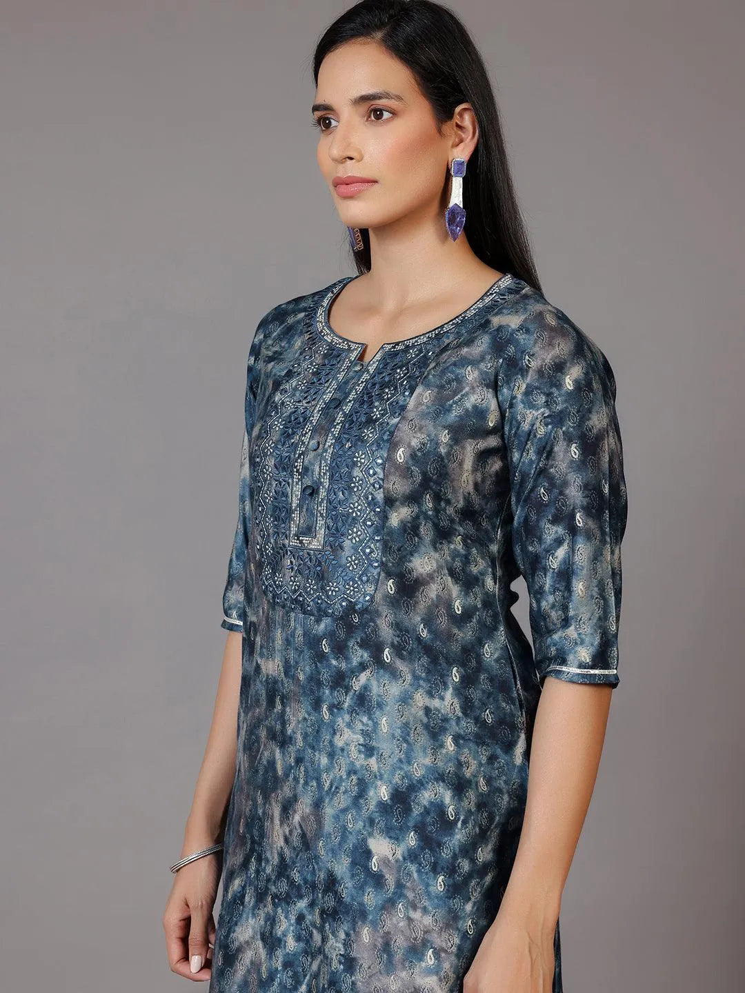 Navy Blue Yoke Design Silk Straight Kurta - Libas 