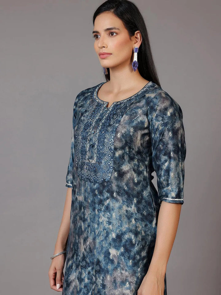 Navy Blue Yoke Design Silk Straight Kurta - Libas