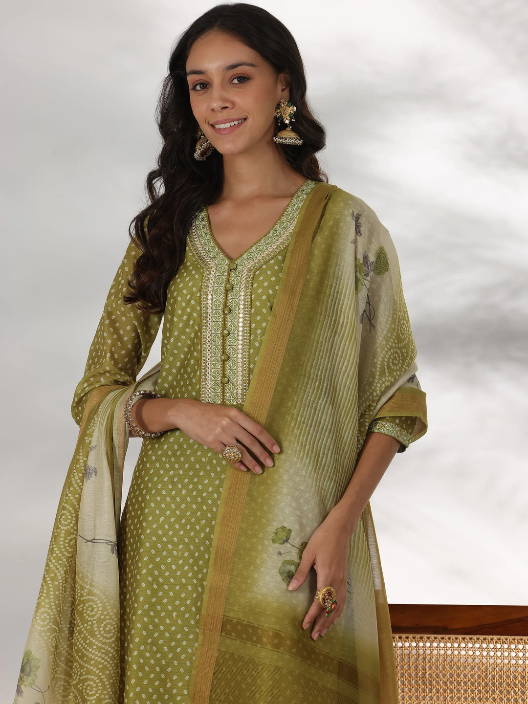  Green Printed Silk Blend Straight Suit With Dupatta 