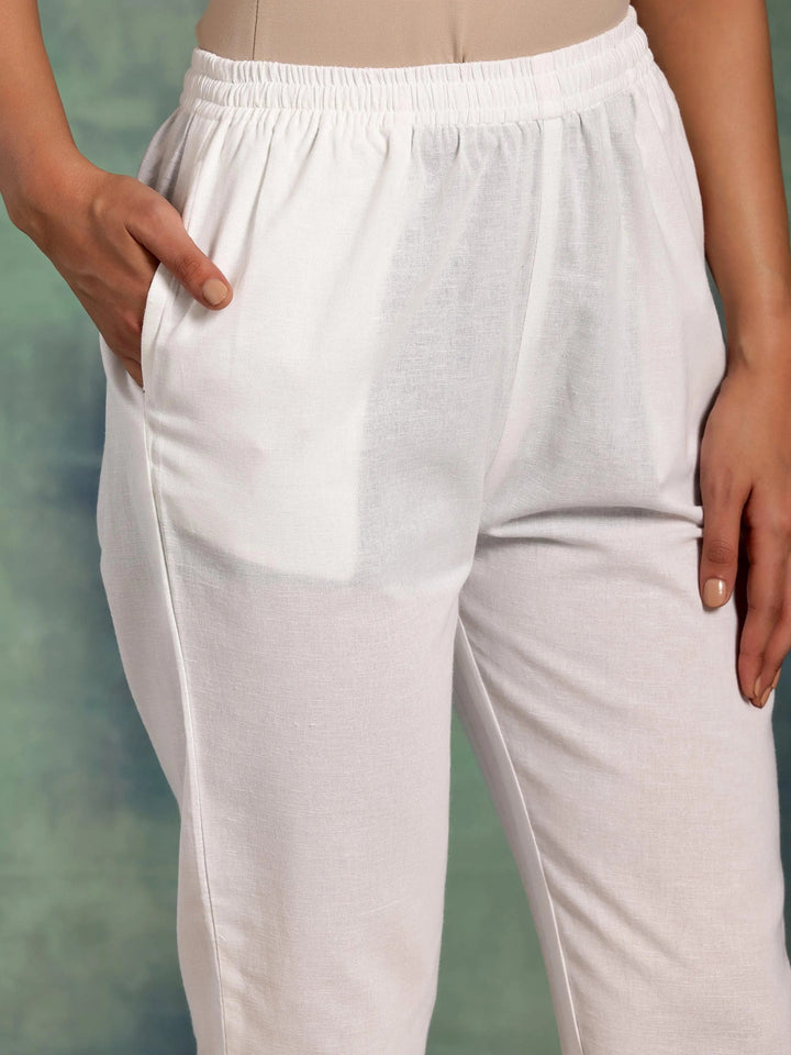 White Solid Cotton Straight Fit Trousers - Libas