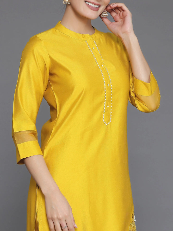 Yellow Solid Silk Blend Straight Suit With Dupatta - Libas