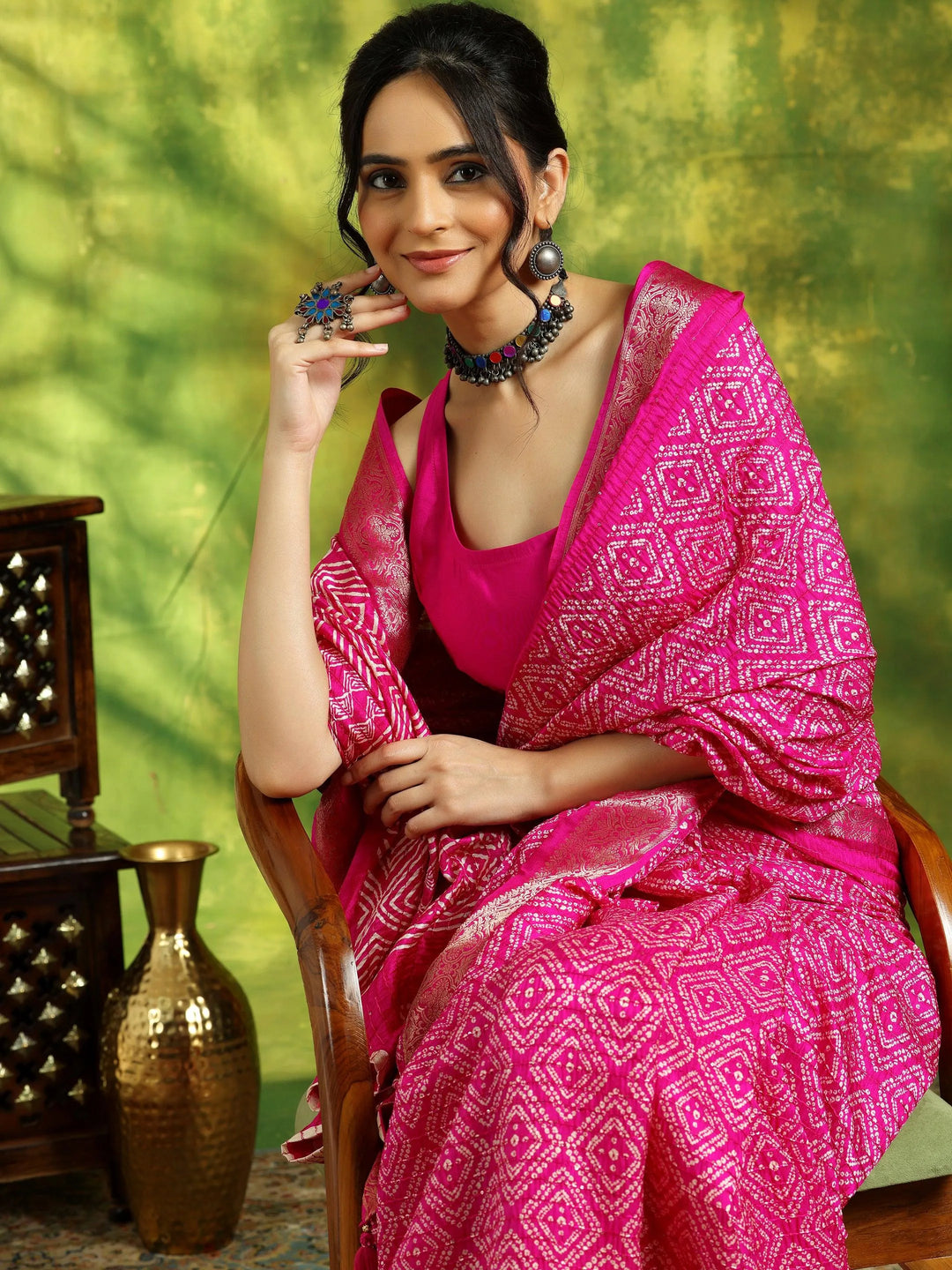 Pink Printed Silk Blend Saree With Unstitched Blouse Piece - Libas 