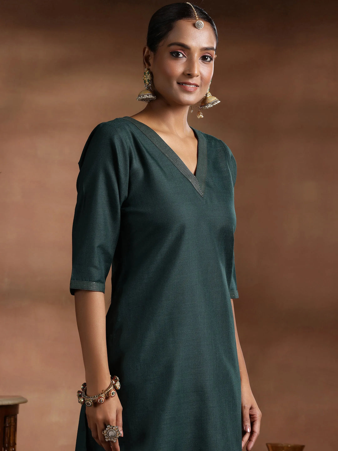  Green Solid Cotton Blend Straight Suit With Dupatta 