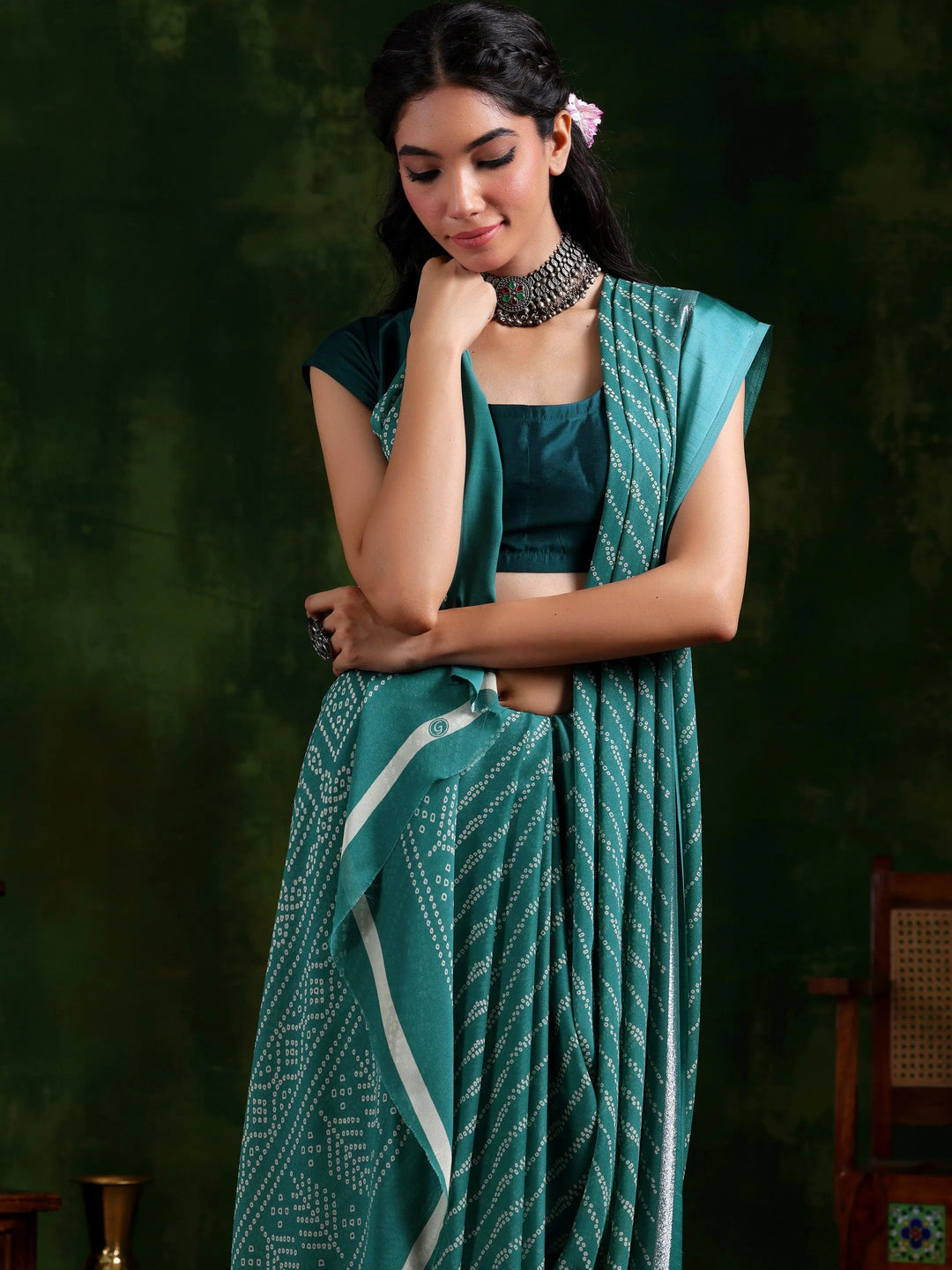 Green Printed Satin Saree With Unstitched Blouse Piece - Libas 