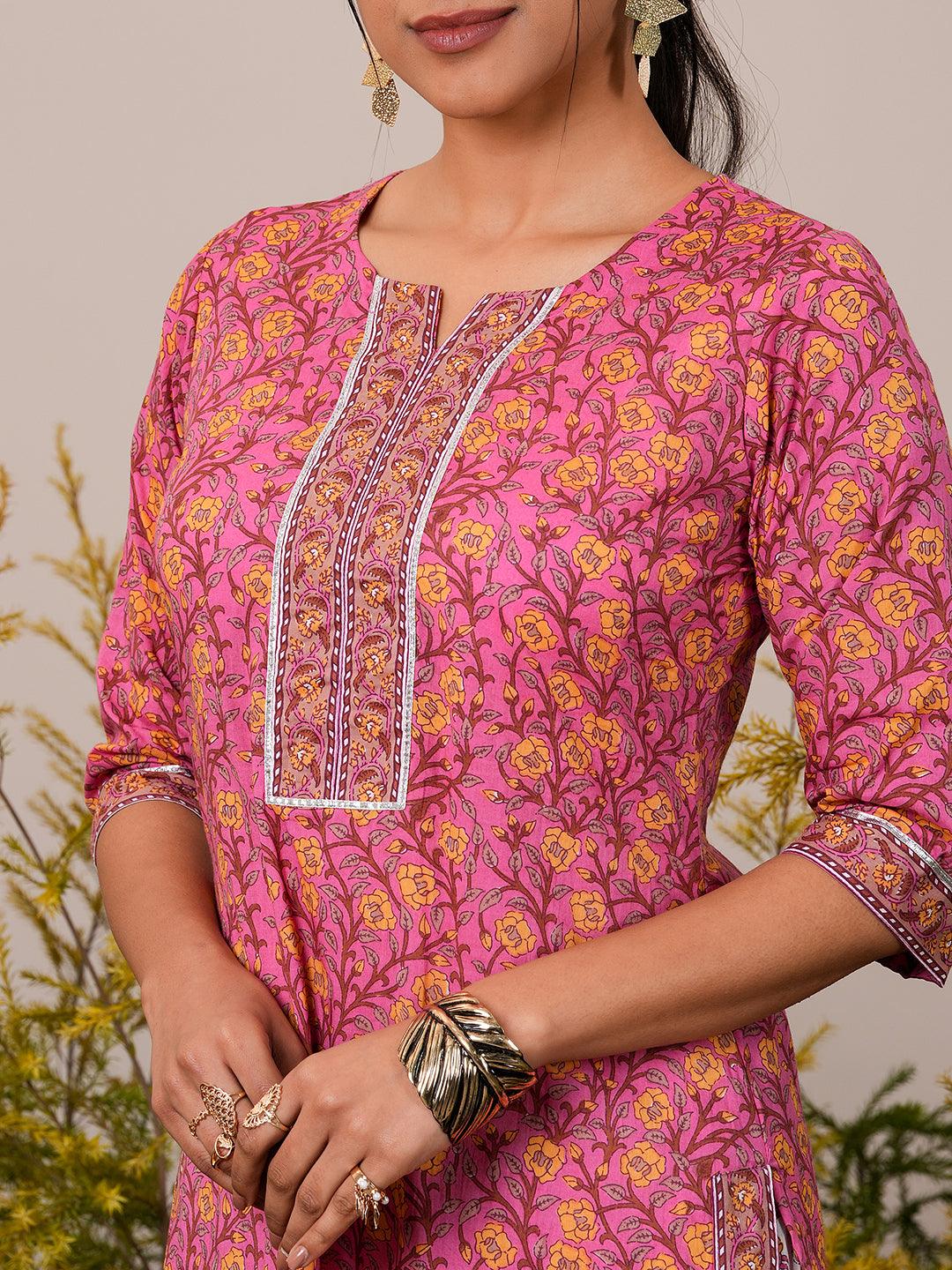 Pink Printed Cotton Straight Suit With Dupatta - Libas