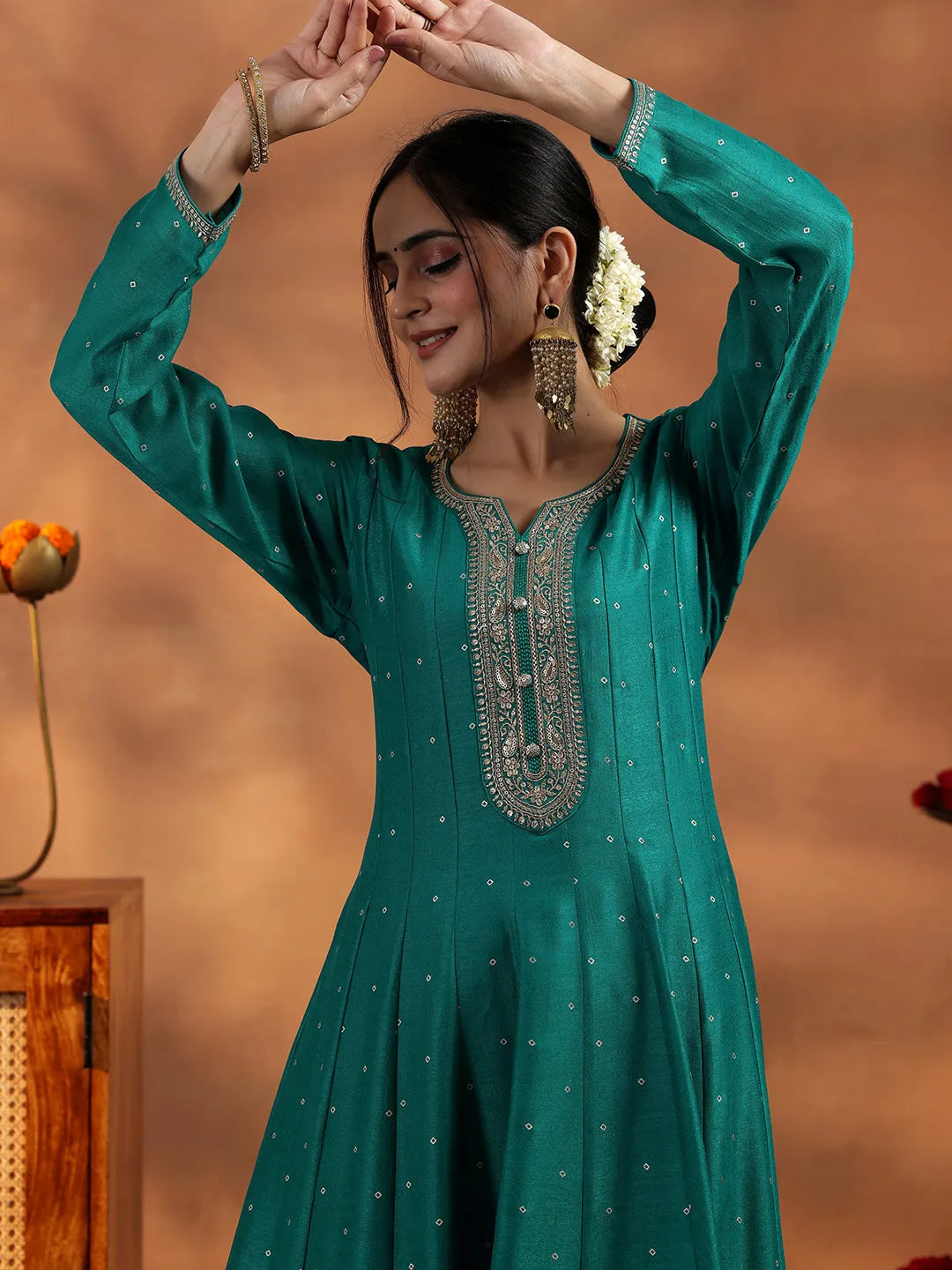  Rama Green Embroidered Silk Blend Anarkali Suit With Dupatta 