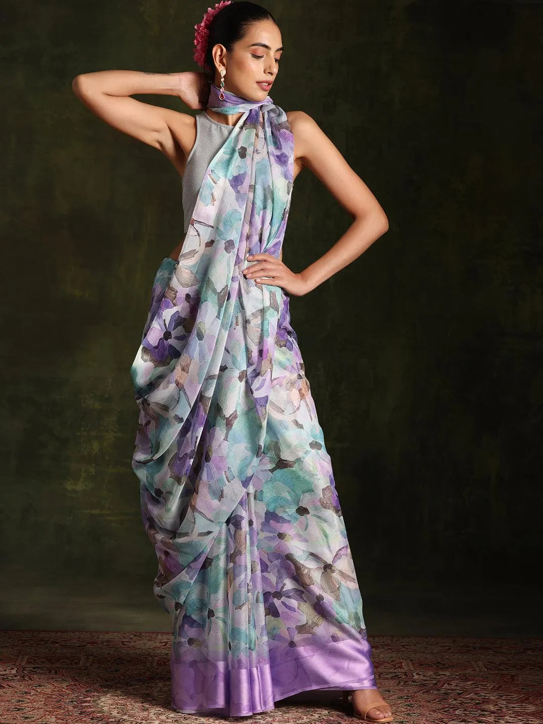 Women's Linen Blend Lavendar Printed Designer Saree With Blouse Piece