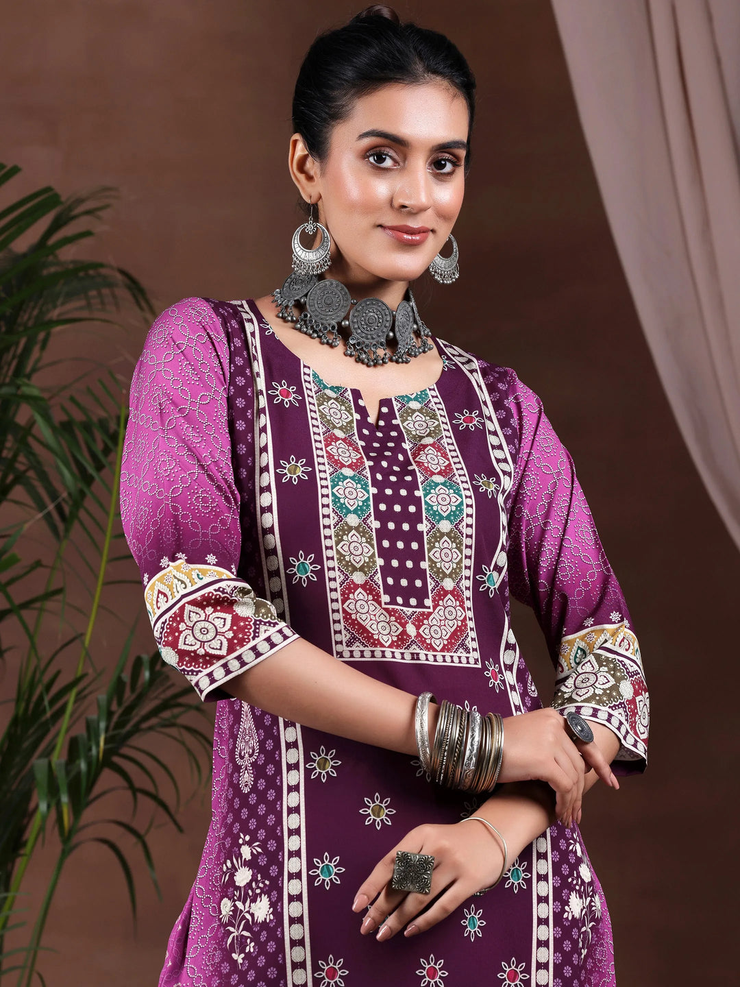  Wine Printed Poly Crepe Straight Kurta Set 