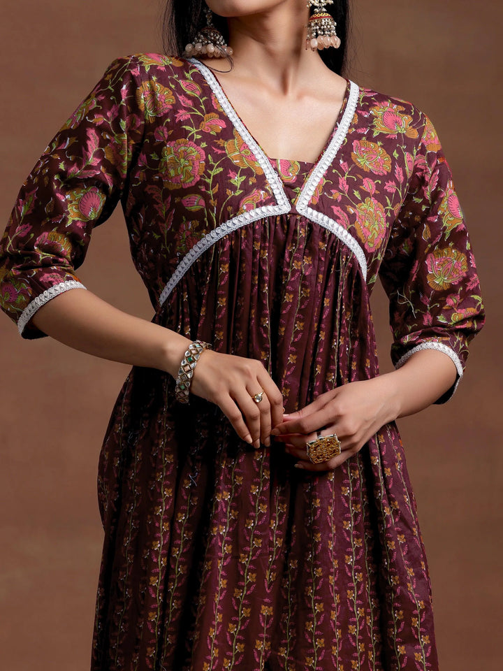 Rust Printed Cotton A-Line Kurta With Palazzos - Libas