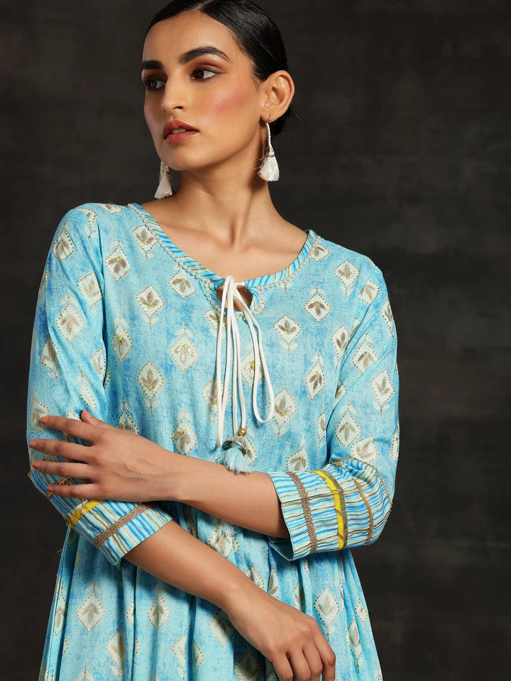 Turquoise Printed Cotton Fit and Flare Dress - Libas
