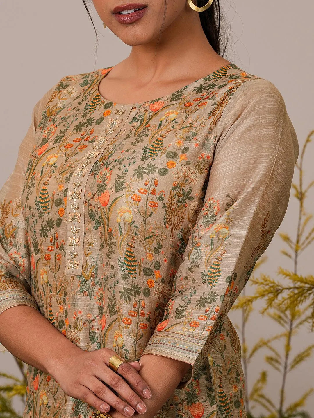 Tan Printed Chanderi Silk Straight Suit With Dupatta - Libas 