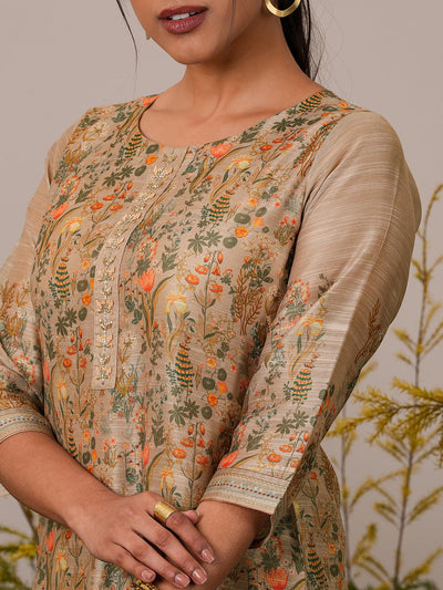 Tan Printed Chanderi Silk Straight Suit With Dupatta - Libas