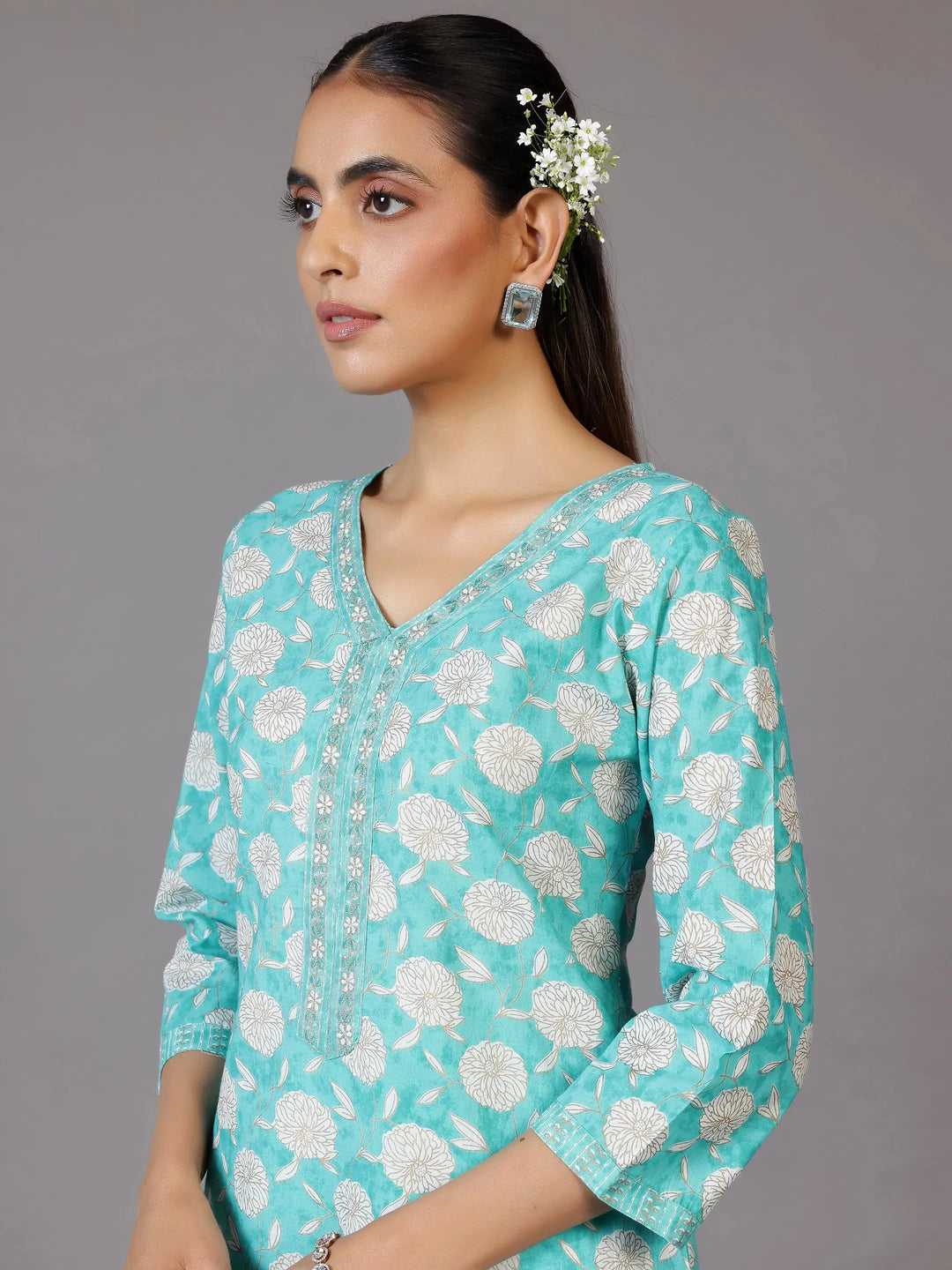  Turquoise Printed Cotton Straight Suit With Dupatta 