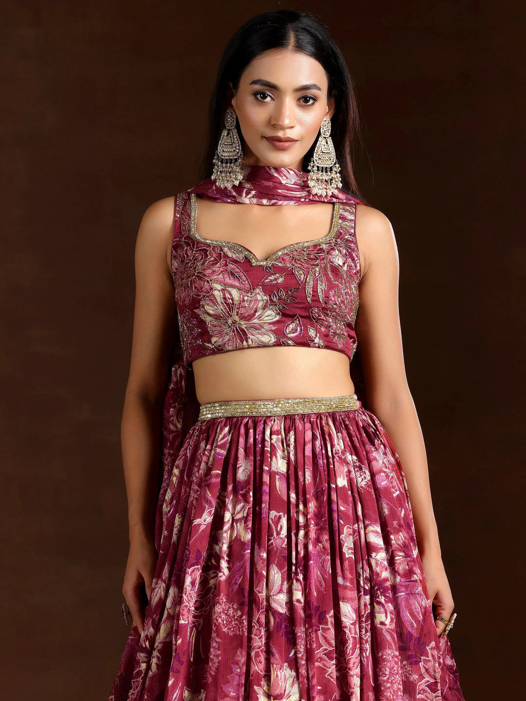  Libas Art Maroon Hand Embroidered Chinon Chiffon Lehenga Set 