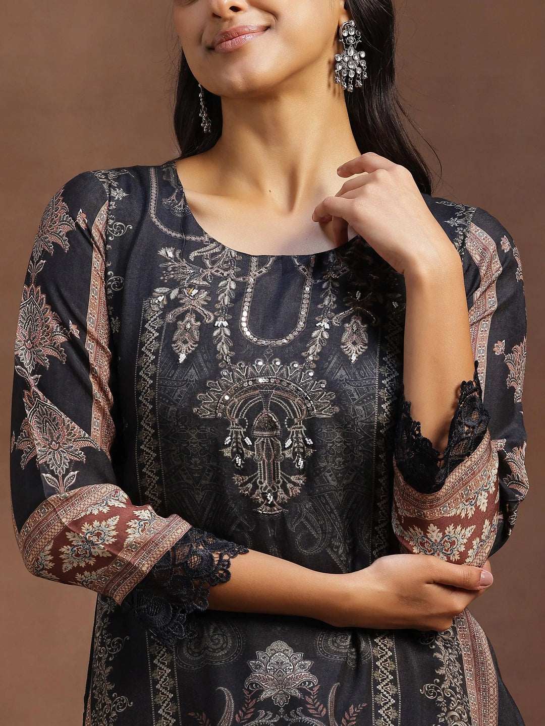 Grey Printed Silk Blend Straight Suit With Dupatta - Libas 