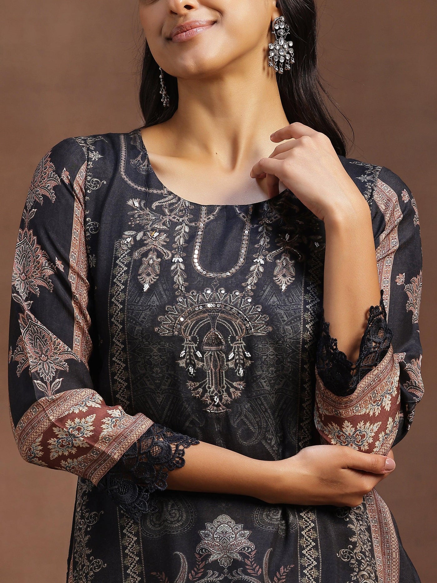 Grey Printed Silk Blend Straight Suit With Dupatta - Libas