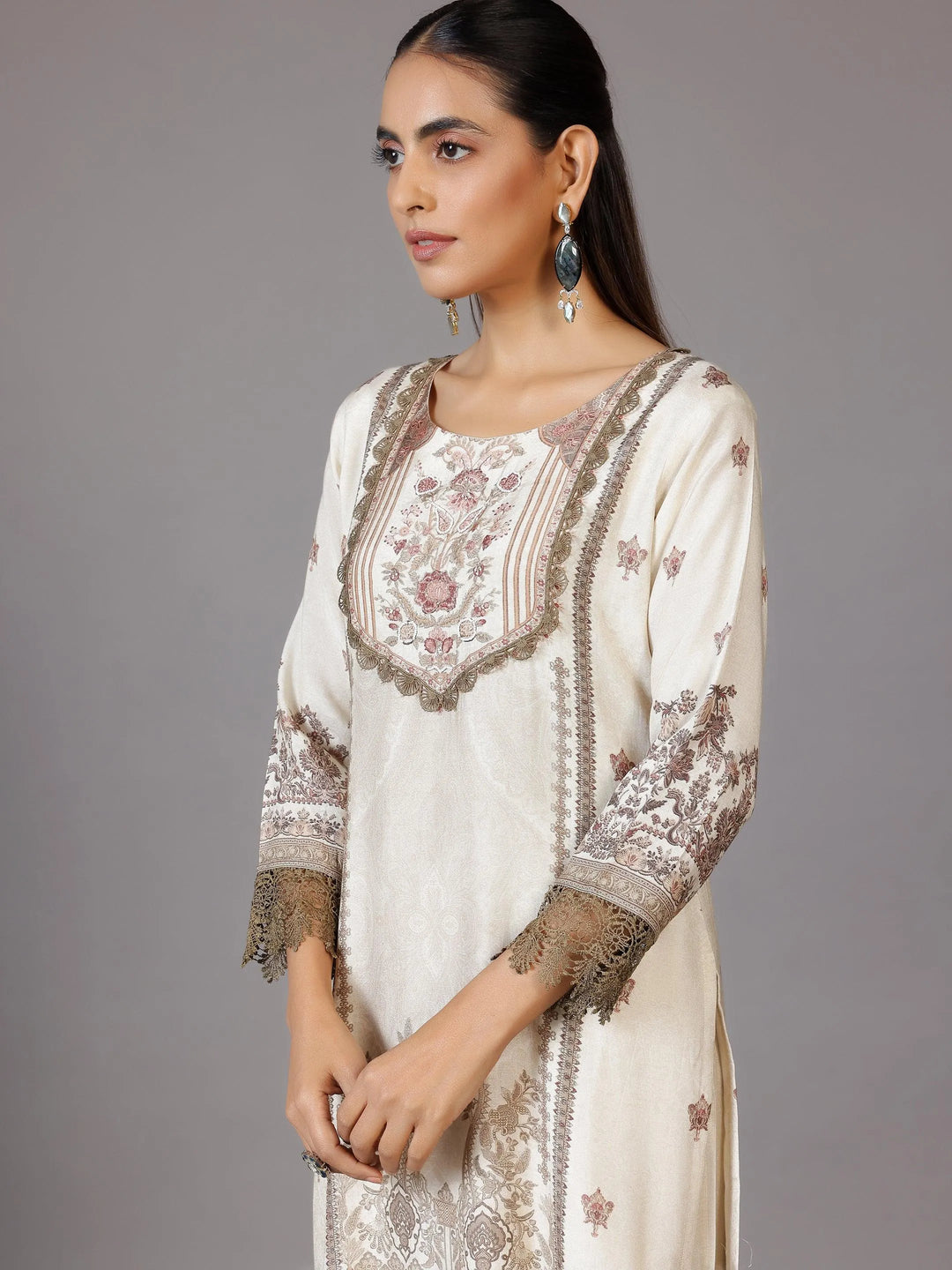 Beige Printed Silk Blend Straight Suit With Dupatta - Libas