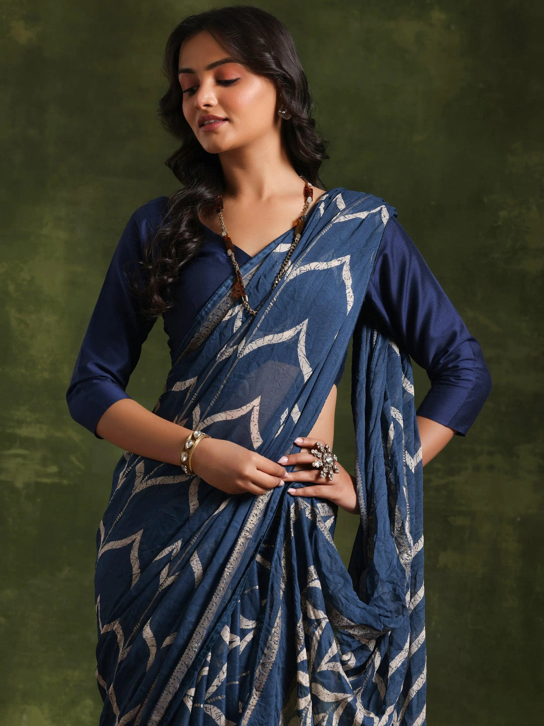 Blue Printed Poly Georgette Saree With Unstitched Blouse Piece - Libas 