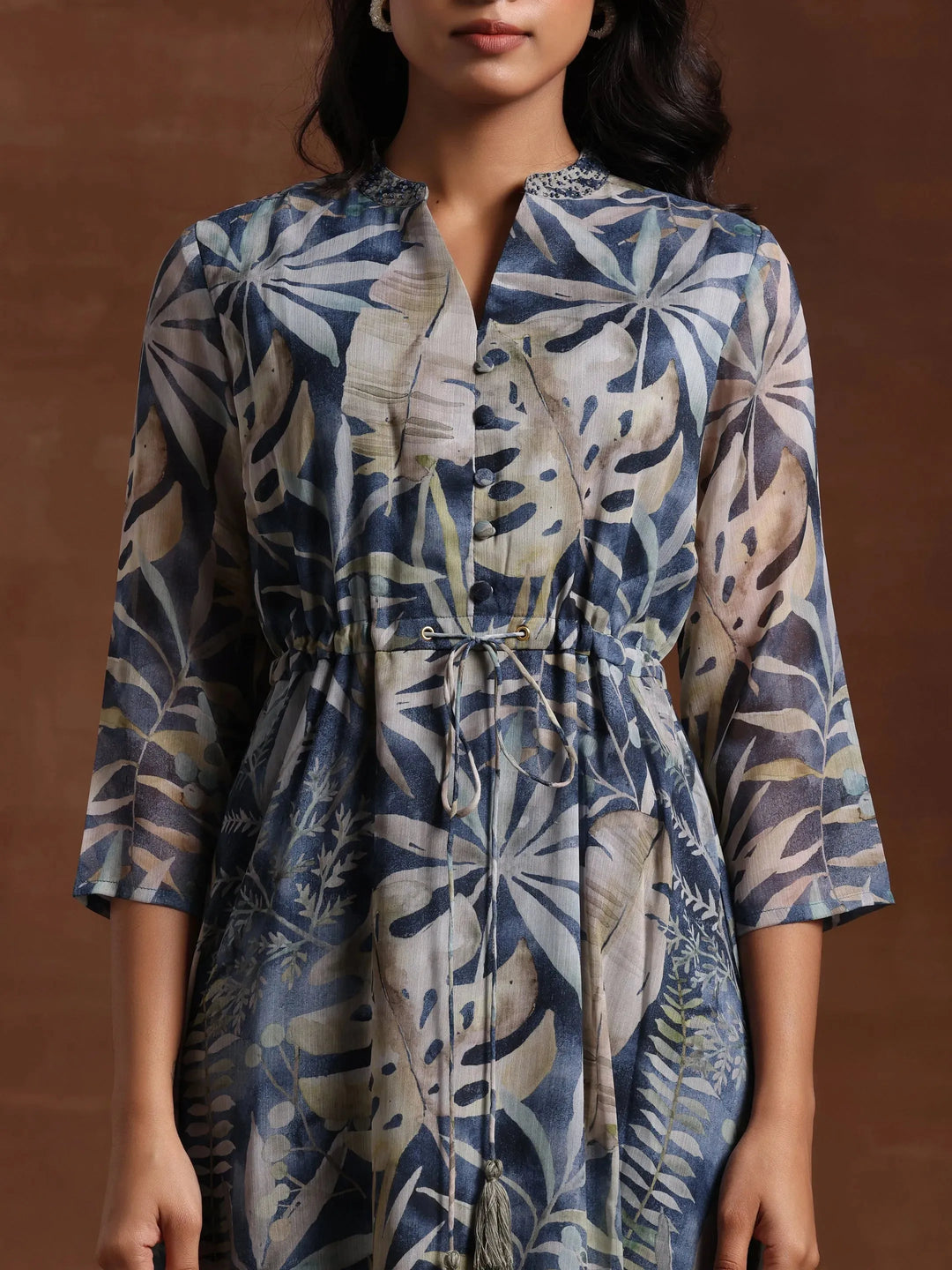  Blue Printed Chiffon A-Line Dress 