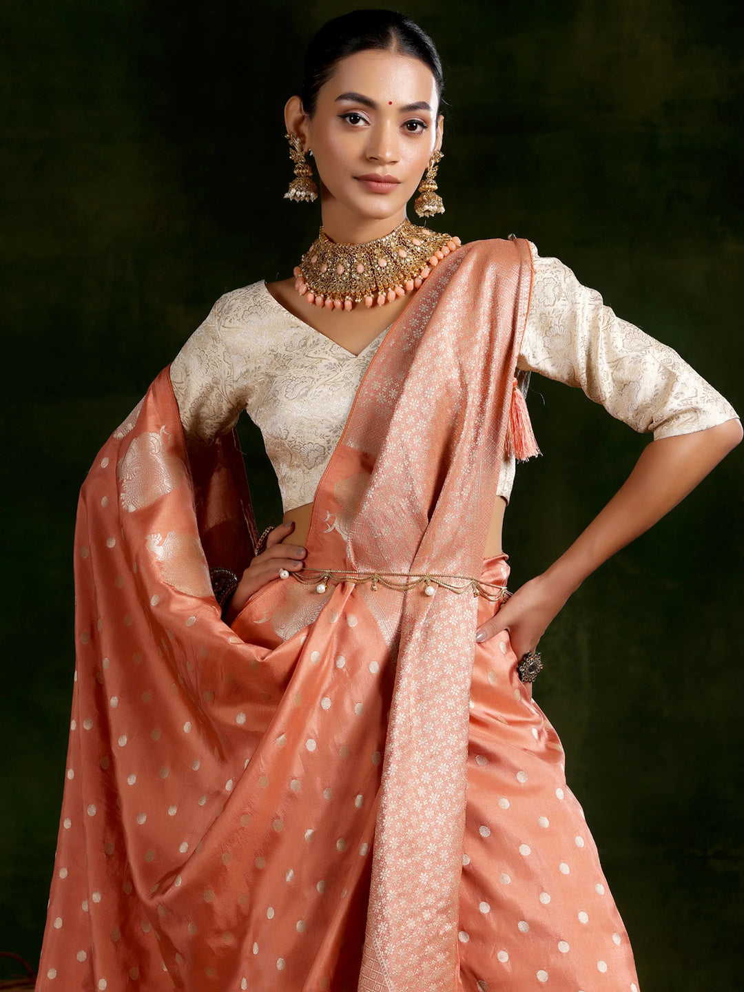  Peach Woven Design Silk Blend Saree With Unstitched Blouse Piece 