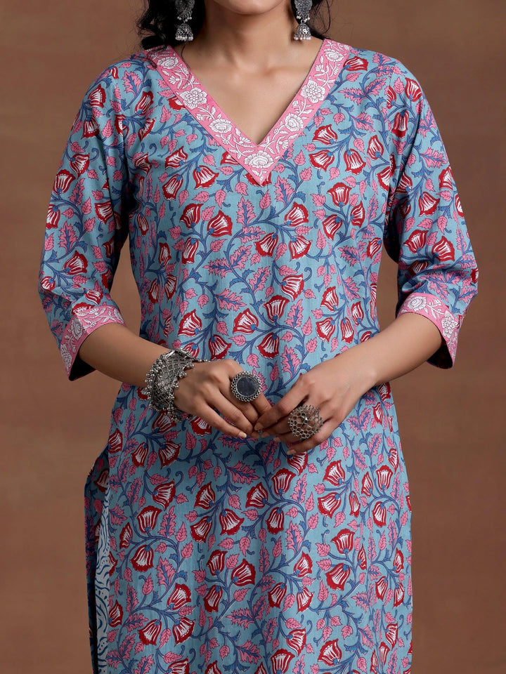 Blue Printed Cotton Straight Suit With Dupatta - Libas