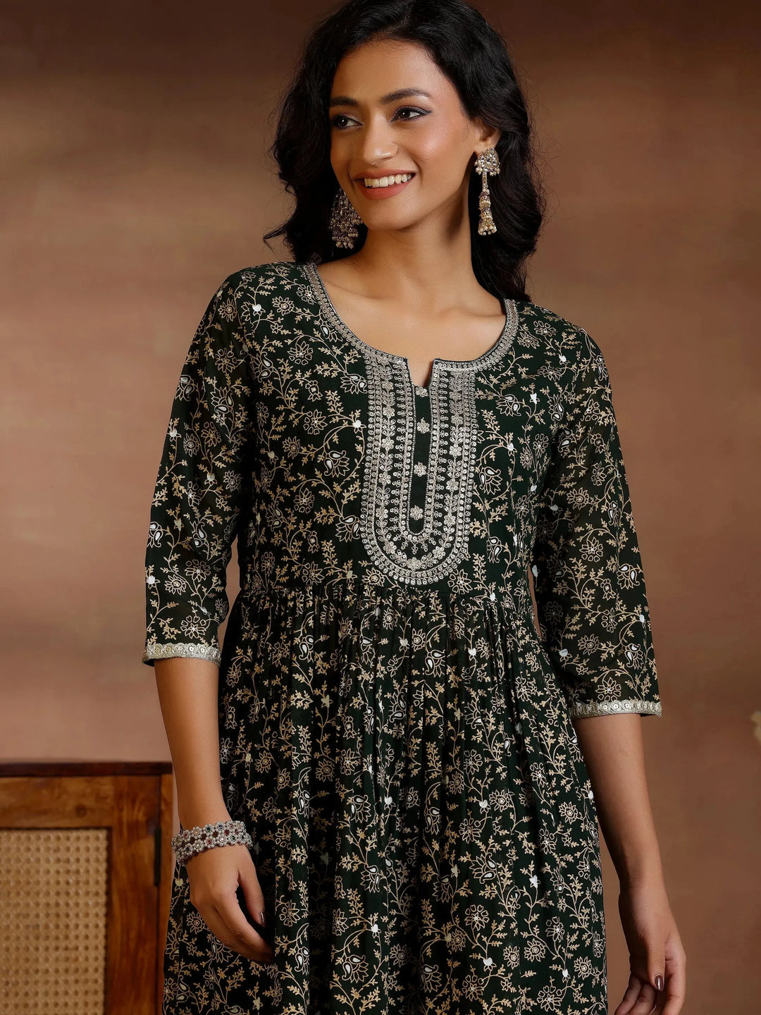  Green Printed Georgette A-Line Kurta With Trousers & Dupatta 