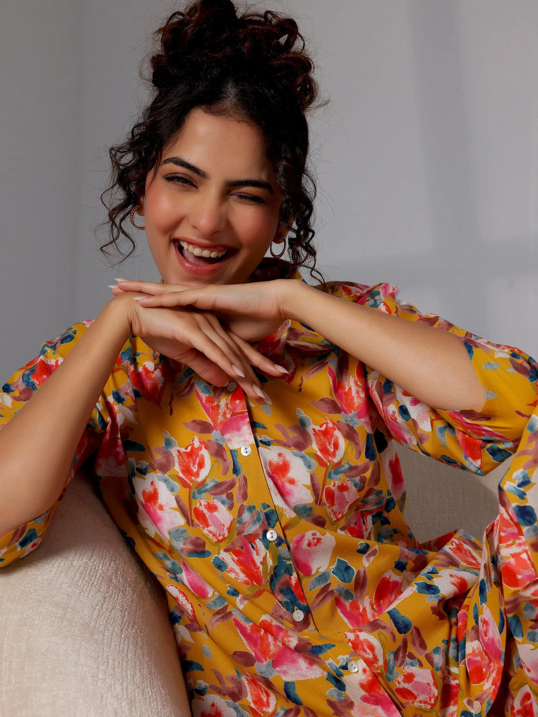 Mustard Printed Cotton Night Suits - Libas 