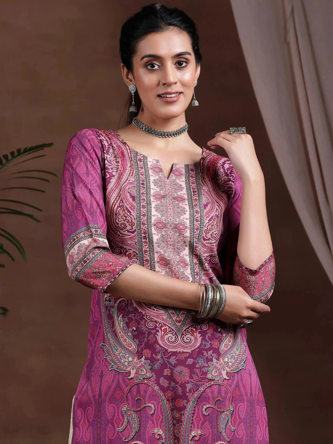  Mauve Printed Crepe Straight Kurta 