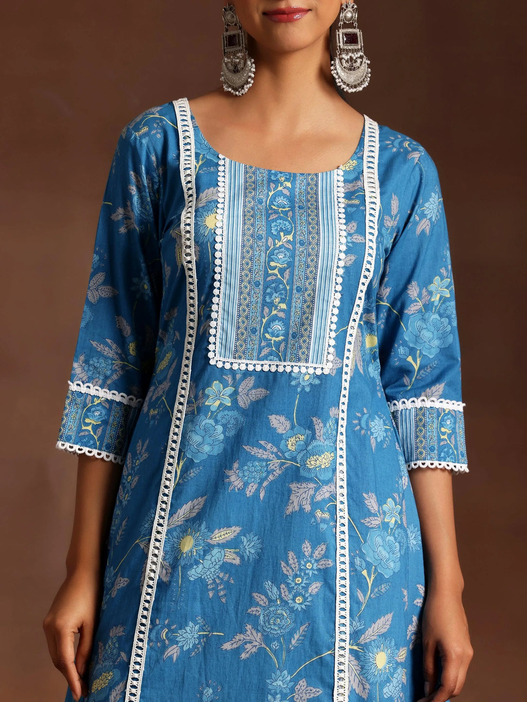 Blue Printed Cotton A-Line Kurta With Palazzos - Libas