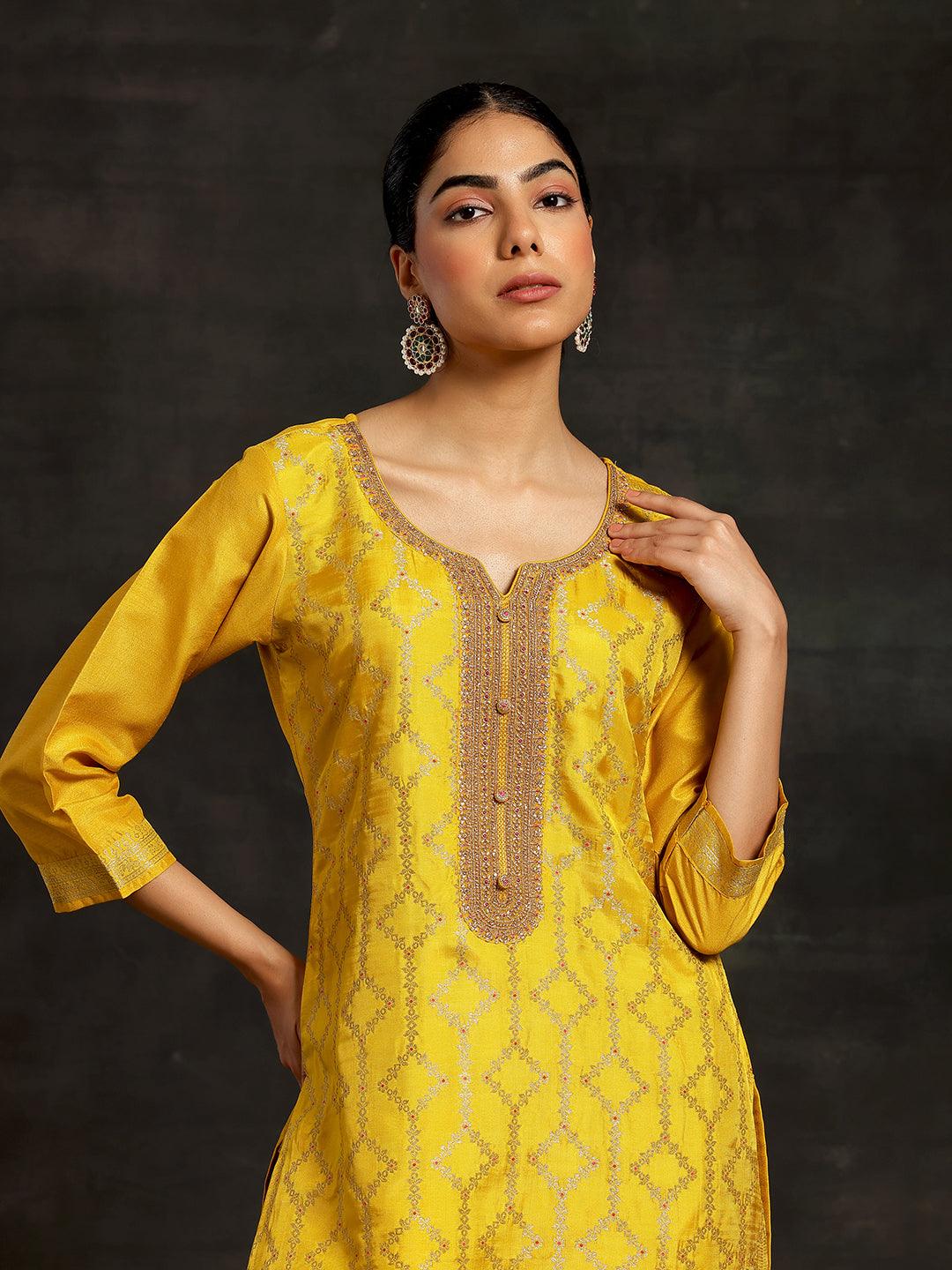 Mustard Woven Design Silk Blend Straight Suit With Dupatta - Libas