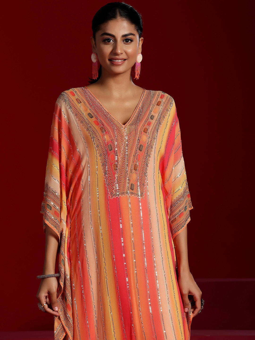  Libas Art Orange Printed Poly Georgette 3 Piece Co-Ords 